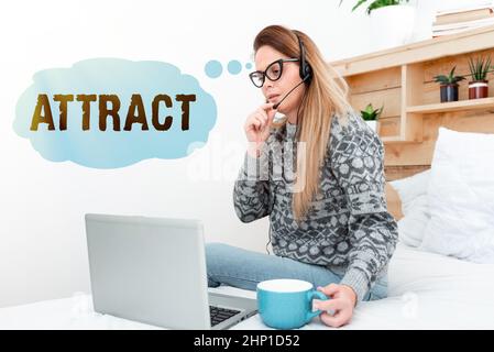 Handwriting text Attract, Business overview to draw by a physical force causing or tending to cause to approach Entrepreneur Checking And Reading Emai Stock Photo