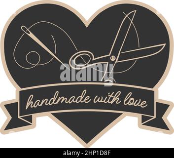 heart-shaped HANDMADE WITH LOVE sticker or label with sewing needle, thread and scissors, vector illustration Stock Vector