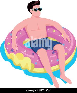 Man relaxing in donut air mattress semi flat color vector character Stock Vector