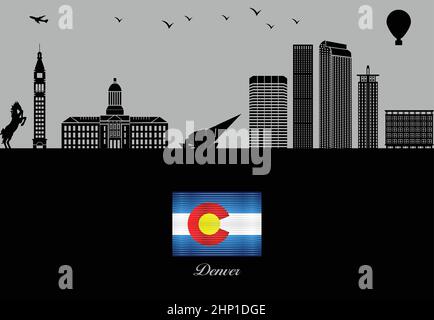 Denver city skyline silhouette - illustration,  Town in Grey background,  Map of Colorado Stock Vector