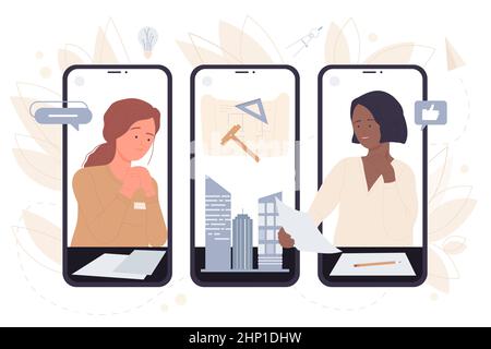 Work of female architect on architecture project on screens of mobile phones vector illustration. Cartoon blueprint with pencil and ruler on table of Stock Vector