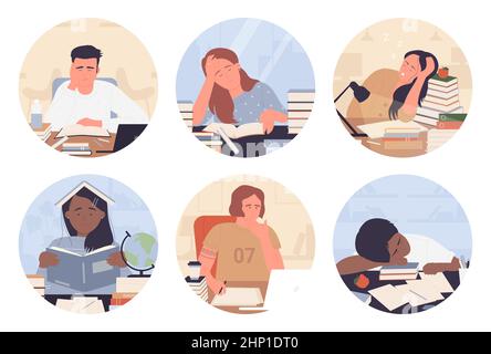 Tired sad students study without motivation in round avatar set vector illustration. Cartoon bored teens doing homework, portraits of exhausted boy an Stock Vector