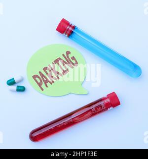 Writing displaying text Parking, Business idea leaving a vehicle in a particular place for a period of time Spreading Virus Awareness Message, Prepari Stock Photo