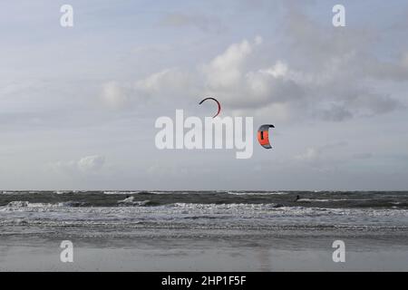 Kite surfers Langeoog on the sea with wind Stock Photo