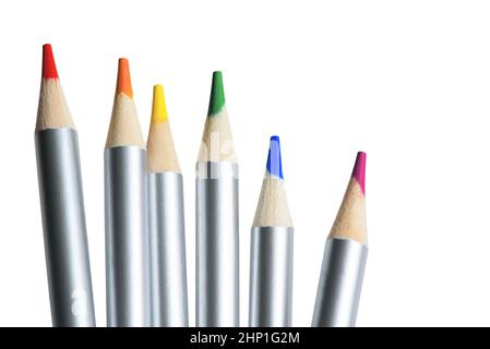 Color pencils isolated on white background. Six colour pencils in LGBT rainbow colors. Closeup. Copy space Stock Photo