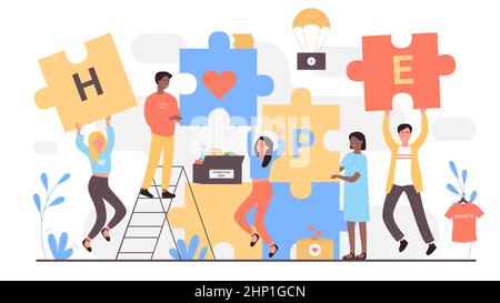 Charity process, social organization. Team of tiny volunteers holding puzzle pieces with hearts and help word in hands, people connect jigsaw flat vec Stock Vector