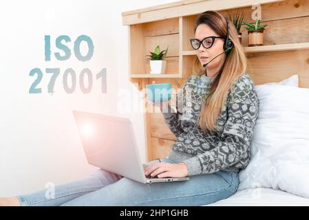 Text showing inspiration Iso 27001, Concept meaning specification for an information security management system Student Learning New Things Online, Ca Stock Photo