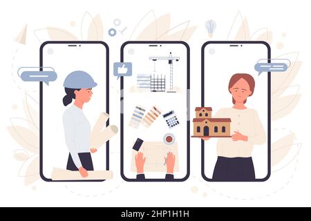 Architect with model of building and blueprints on screens of mobile phones vector illustration. Cartoon engineers drawing plan with pencil, woman wor Stock Vector