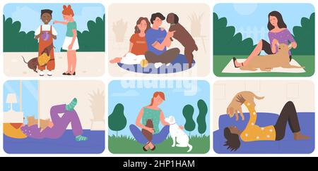 People play with pets set, spend fun time vector illustration. Cartoon kid and adult pet owner characters playing with cat and dog in nature landscape Stock Vector