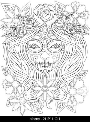 Tattoo Lady Face Line Drawing With Long Hair Wearing Floral Headdress. Stock Photo