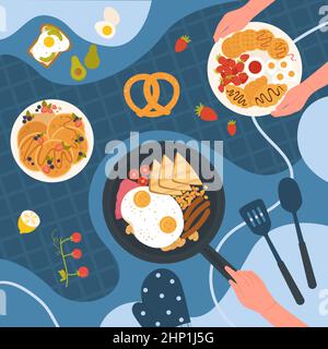 Breakfast, morning food menu set from restaurant and cafe on kitchen table. Hand holding frying pan with fried eggs, beans, sausages, cereal toast pan Stock Vector