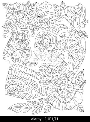 Skull Drawing Tattoo Beautiful Flowers Looking At The Light. Stock Photo