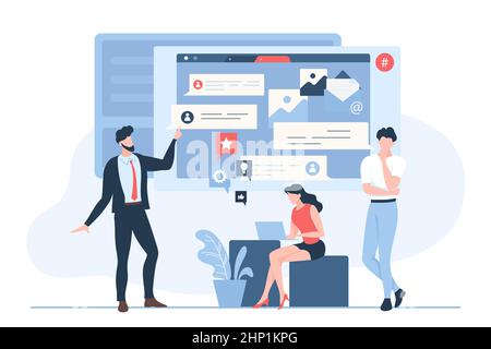 Social media marketing, online support, SMM service vector illustration. Cartoon team of tiny persons with laptop, content developers and writers work Stock Vector