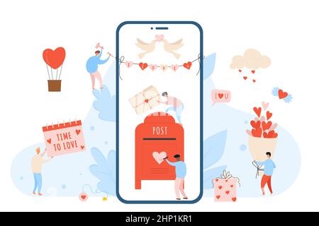 Celebrating saint valentine day using gift delivery application. Lovers holiday with romantic and lovely wishes flat vector illustration Stock Vector