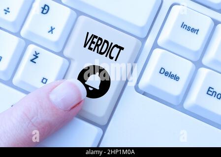 Text caption presenting Verdict, Business concept a decision on an issue of fact in a civil or criminal case Editing Internet Files, Filtering Online Stock Photo