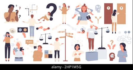 Persons with difficult choice set vector illustration. Cartoon worried people choose right way, balance or guidance, man and woman finding answer on q Stock Vector