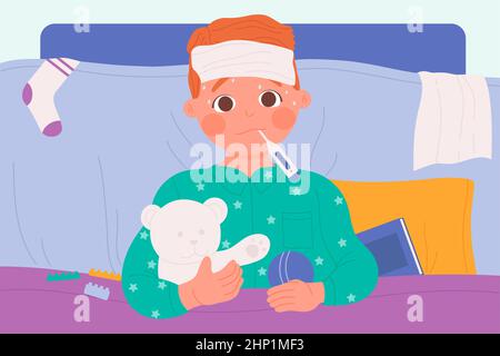 Unhappy cartoon sick laptop lying on pillow Vector Image