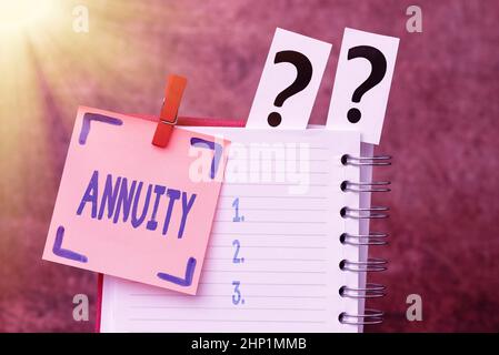 Text showing inspiration Annuity, Word for fixed sum of money paid to someone each year Series of payments Brainstorming The New Idea Of Solutions And Stock Photo