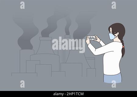 Pollution and environment crisis concept. Young woman in mask standing and making photo on smartphone of exhaust pipes with black smog vector illustra Stock Photo