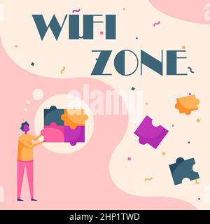 Hand writing sign Wifi Zone, Word for provide wireless highspeed Internet and network connections Man Drawing Standing Fitting Four Jigsaw Puzzle Piec Stock Photo