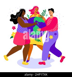 Take care of the planet - colorful flat design style illustration with characters. International young people hold Earth in their hands. They are conc Stock Vector