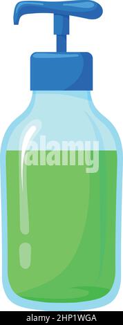 Plastic soap dispenser. Cartoon pump bottle with green liquid isolated on white background Stock Vector