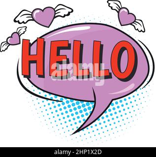 Hello chat message in retro comic style with flying hearts isolated on white background Stock Vector