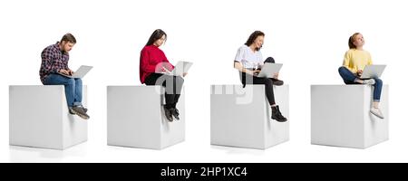Collage. Young employees working on laptop, software developers working on new project isolated over white background Stock Photo