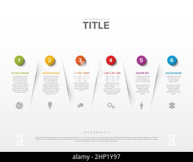 Abstract schema template with six step sections on white background divided by light shadow with big numbers icons and some description. Multipurpose Stock Vector