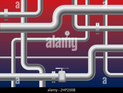 Pipelines Vector Illustration. An illustration of different size industrial pipes on a colorful red-blue background. Perfect for illustrating the dist Stock Vector