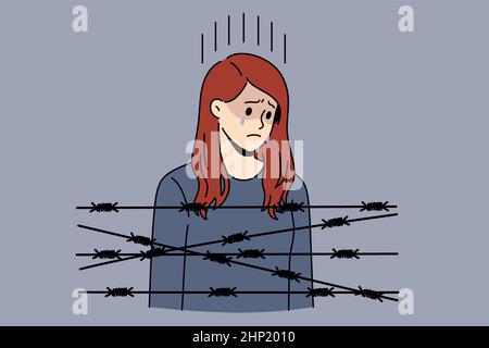 Captivity slavery and depression concept. Young sad depressed woman standing crying with barbed wire in front feeling no free and lonely vector illust Stock Photo