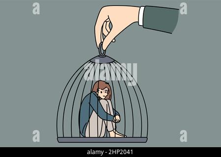 Captivity slavery and freedom concept. Young sad depressed woman sitting in cage which is held by huge human hand manipulating it vector illustration Stock Photo