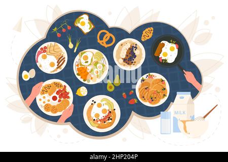 English breakfast on kitchen table, morning food. Top view of hands cooking and eating scrambled and fried eggs with sausages, avocado toasts, pancake Stock Vector