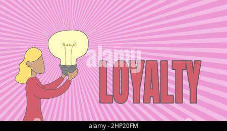 Conceptual caption Loyalty, Business idea faithfulness to commitments or obligations Quality of staying firm Lady Standing Drawing Holding Light Up Sh Stock Photo