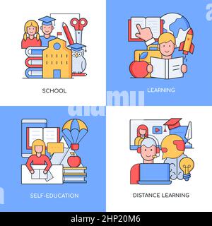 School and learning - set of line design style colorful illustrations. Four detailed images on education topic. Distance studying, elementary, graduat Stock Vector