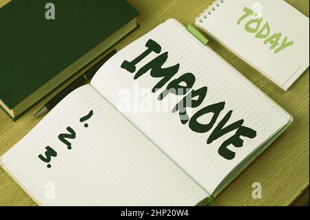 Handwriting text Improve, Internet Concept Make become better Development increase capacities Grow Change Plain Blank Open Notebooks With Stack Of Pen Stock Photo
