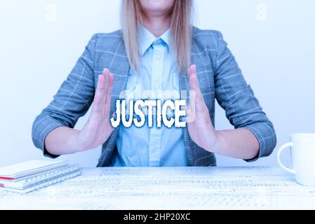 Handwriting text Justice, Internet Concept Quality of being just impartial or fair Administration of law rules Explaining New Business Plans, Orientat Stock Photo