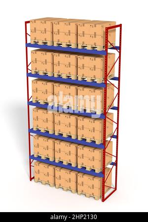 Warehouse shelves rack filled with brown boxes. Isolated on white background. Retail, logistics, delivery and storage concept. Generic containers on b Stock Photo