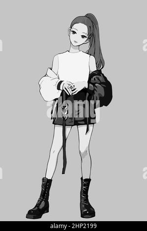 Cute anime girl with a ponytail. Illustration in gray tones. Stock Vector