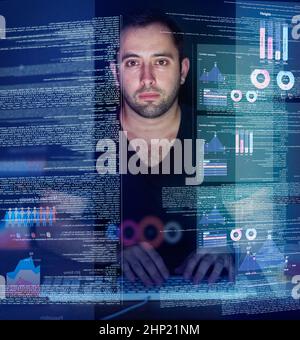 Working on new code. Cropped shot of a young computer programmer looking through data. Stock Photo