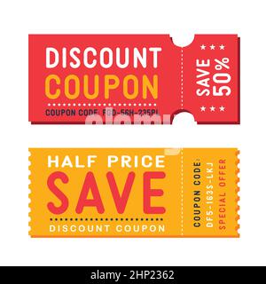 Discount coupon. Half price offer, promo code gift voucher and coupons template. Stock Vector