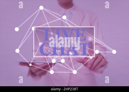 Text caption presenting Live Chat, Business showcase talking with friend or someone through internet and PC phone Lady Holding Tablet Pressing On Virt Stock Photo