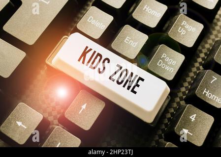 Handwriting text Kids Zone, Word Written on An area or a region designed to enable children to play and enjoy Retyping Old Notes, Playing Text Games, Stock Photo