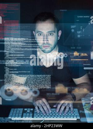 Developing new code. Cropped shot of a young computer programmer looking through data. Stock Photo