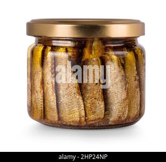 The glass jar sprot are sardines  isolated on a white background. Stock Photo
