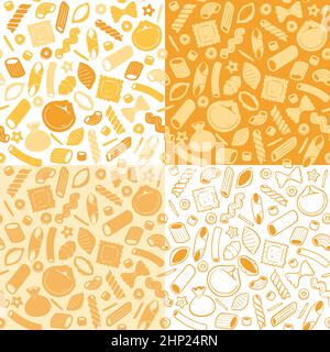 Italian pasta seamless pattern collection. Food ingredients for cooking illustration. Colorful, monochrome silhouettes and doodle style. Vector illust Stock Vector