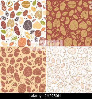 Nuts and seeds seamless pattern collection. Food ingredients for cooking illustration. Colorful, monochrome silhouettes and doodle style. Vector illus Stock Vector