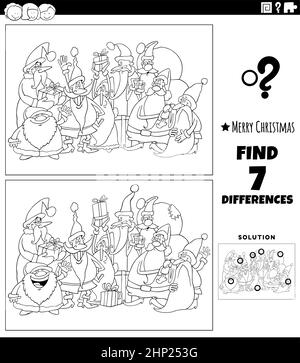 differences game with Santa characters coloring book page Stock Vector