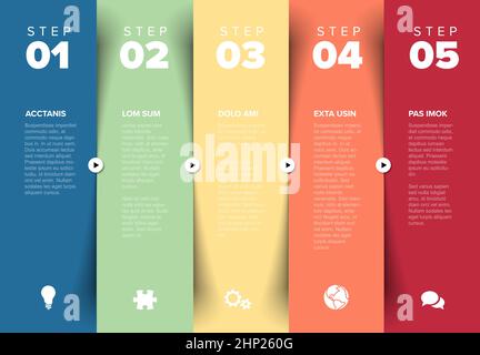 Vector blue five vertical steps progress template with big arrows and ...