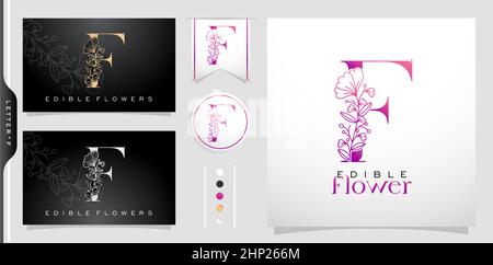 Illustration of Letter F Logotype Edible Flower symbolic with purple gradient colors isolated black and white backgrounds, applicable for product, and logo for corporate brands Stock Vector
